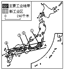 下图是日本工业分布示意图 读后完成: (1)填写四大工业区:①区