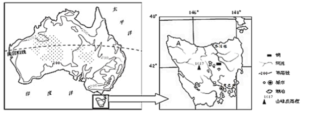 材料二:左下图为澳大利亚等高线地形图,右下图为塔斯马尼