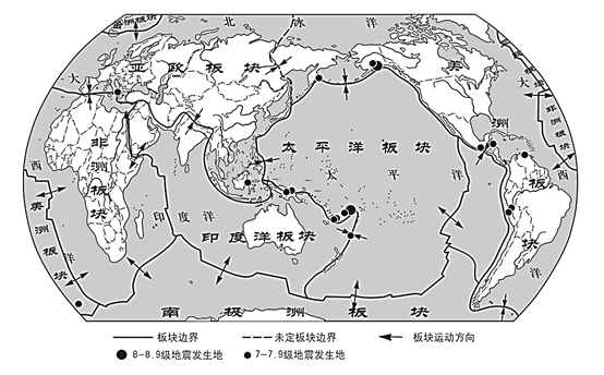 [题目]下图为世界板块分布图.2018年全球共发生6级以上地震119次.